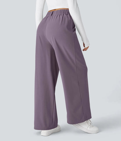 Hose aus Stretchmaterial mit hohem Bund, Waffelmuster, Seitentaschen und weitem Bein