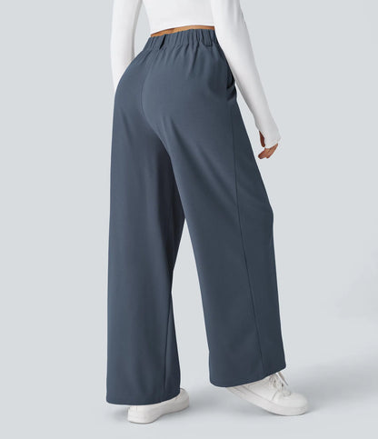 Hose aus Stretchmaterial mit hohem Bund, Waffelmuster, Seitentaschen und weitem Bein