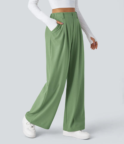 Hose aus Stretchmaterial mit hohem Bund, Waffelmuster, Seitentaschen und weitem Bein