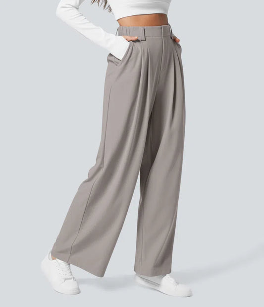 Hose aus Stretchmaterial mit hohem Bund, Waffelmuster, Seitentaschen und weitem Bein