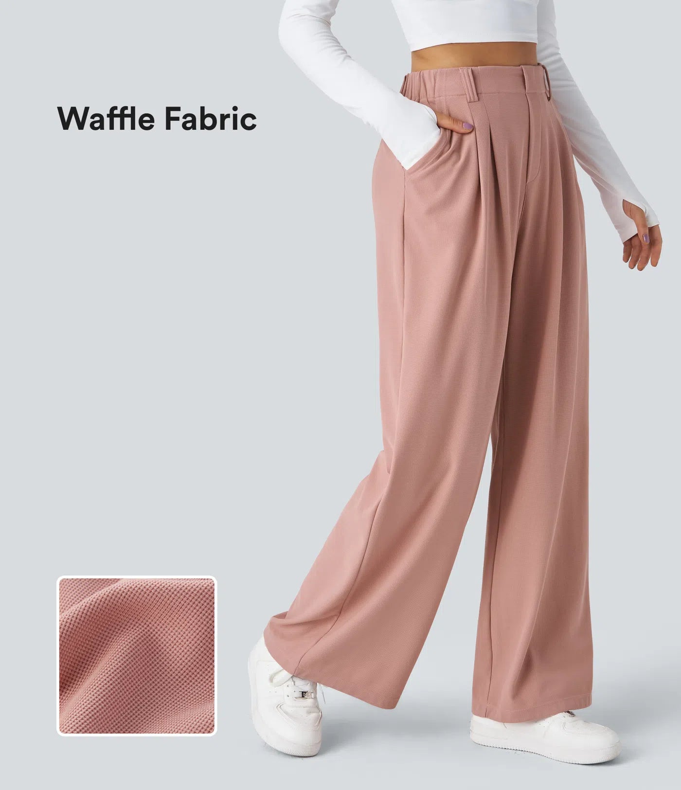 Hose aus Stretchmaterial mit hohem Bund, Waffelmuster, Seitentaschen und weitem Bein
