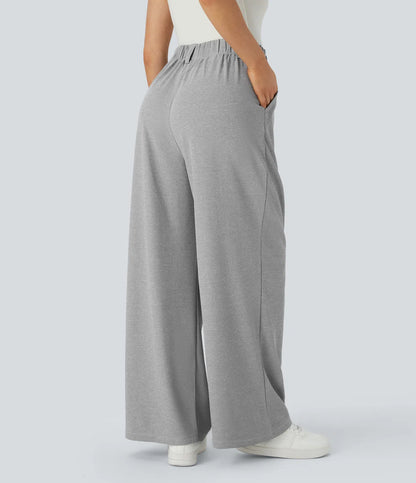 Hose aus Stretchmaterial mit hohem Bund, Waffelmuster, Seitentaschen und weitem Bein
