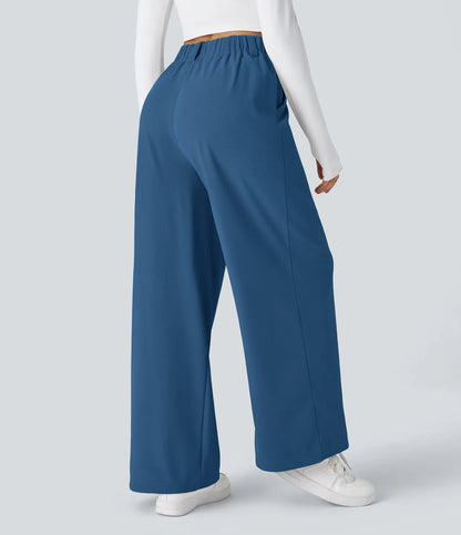 Hose aus Stretchmaterial mit hohem Bund, Waffelmuster, Seitentaschen und weitem Bein
