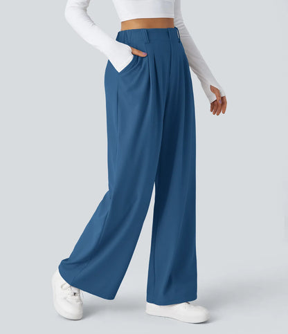 Hose aus Stretchmaterial mit hohem Bund, Waffelmuster, Seitentaschen und weitem Bein