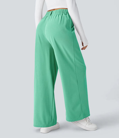Hose aus Stretchmaterial mit hohem Bund, Waffelmuster, Seitentaschen und weitem Bein